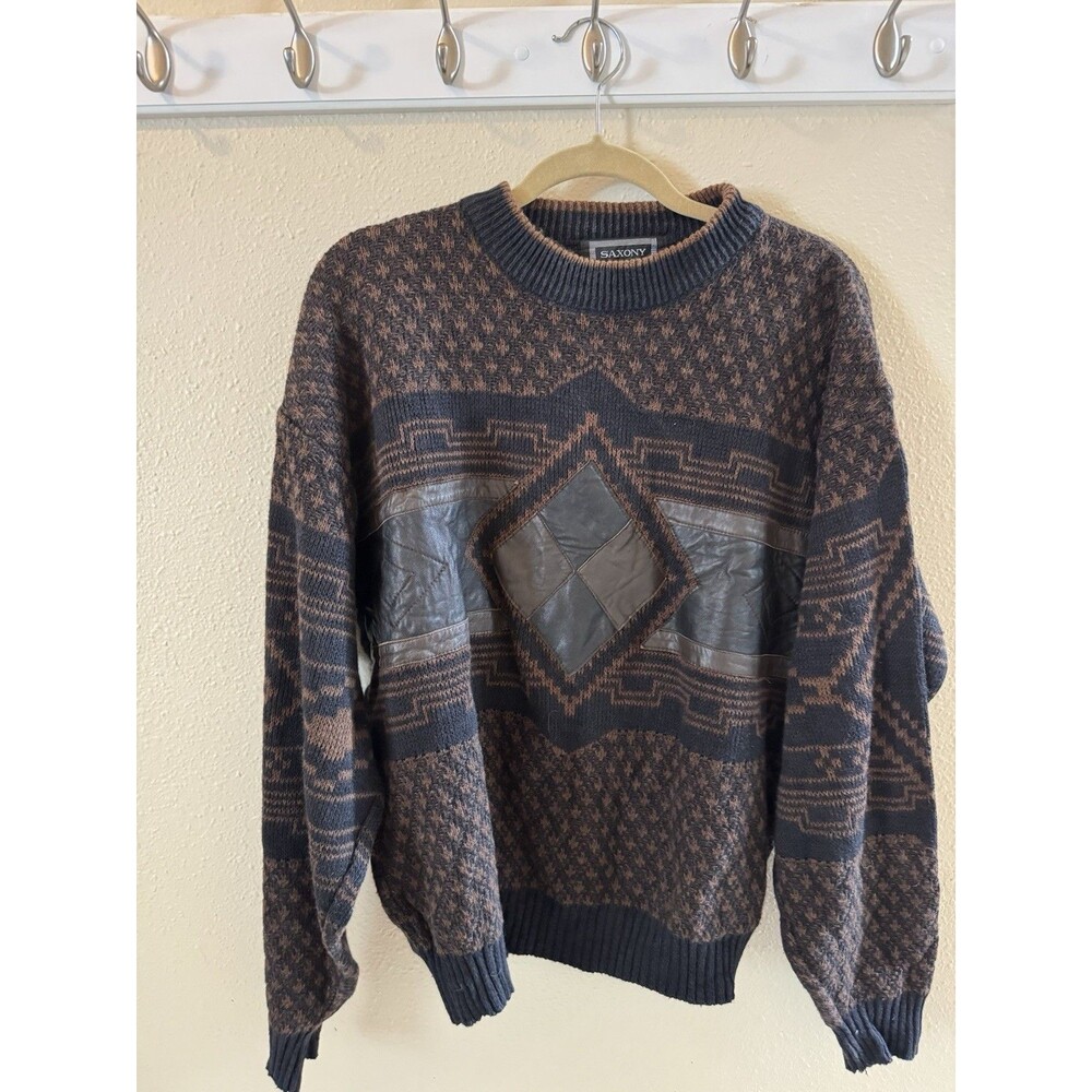 Saxony Sweater Mens Large Brown Black Leather Grandpa Cosby Color Block